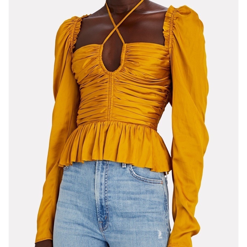 Ulla Johnson Mirelle Plissé Satin Peplum Blouse Womens 0 Goldenrod Boho Ruched
